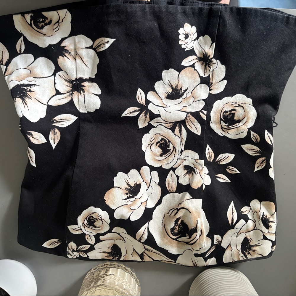 Black Tote Bag with Cream Floral Print